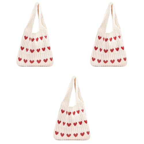 ZIBUYU® Crochet Heart Tote Bag for Women and Girls Y2K Aesthetic Knit with Plush Charm Soft Spacious Hippie Beach Cream Red Hearts Ideal Work School Casual 3PCS