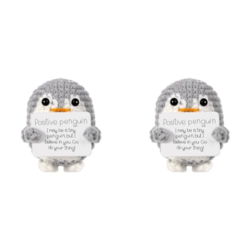 ZIBUYU® Handmade Crochet Penguin Desk Decor with Positive Message Card Cute Motivational Toys Gift for Office Home Baby Nursery Grey 2PCS