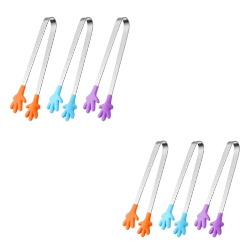 HASTHIP® 6PCS Small Kitchen Tongs 5.1 Inch Stainless Steel Creative Color Silicone Palm Food Dessert Pastries Ice Cube Sushi Kids Party Supplies