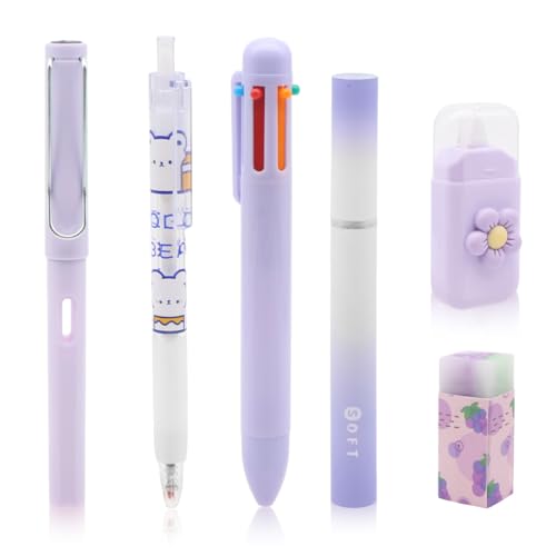 OFIFO® 6-Piece Cute Purple Stationery Set - Includes 6-in-1 Ballpoint Pen, Gel Pen, Long-Lasting Pencil, Eraser, Correction Tape, Highlighter, Suitable for School and Children's Gifts