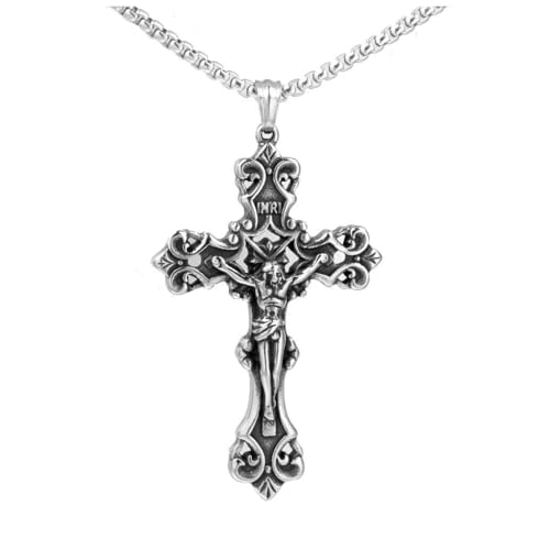 GUSTAVE® Cross Necklace for Men Silver Cross Chain Stainless Steel Pendant for Women Goth Necklace Gothic Christian Jewelry - Silver