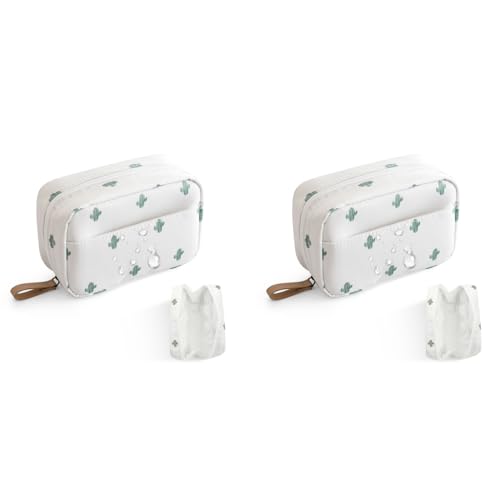 MAYCREATE® Small Makeup Pouch Bag Cosmetic Organizer with Lipstick Slots Cactus Print Travel for Women Portable Brush Toiletries 17x11.5x5cm 2 PCS