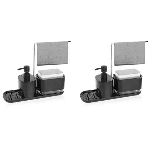 HASTHIP® Metal Kitchen Soap Dispenser Set With Sponge Drain Rack Tray and Dishcloth Holder Sink Countertop Pump for Bathroom Black 2 PCS