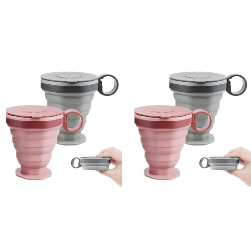 HASTHIP® 2 Pack Collapsible Cup for Travel Accessories 220ml Silicone Foldable Glass with Lids Handles Reusable Expandable Drinking Cup Camping Outdoor 2PCS