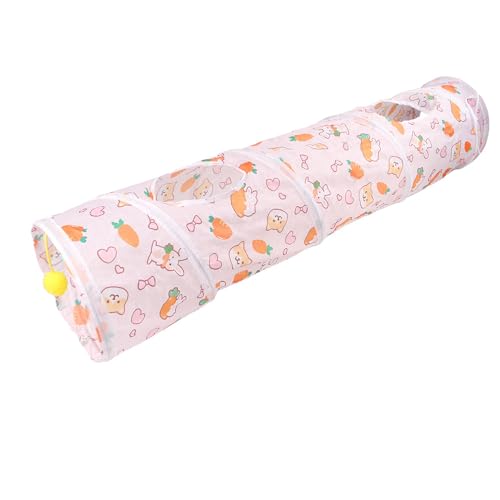 Qpets® Cat Play Tunnel Toy Cute Cartoon Printed Hiding Cave Tunnel Cat Tube with Hanging Plush Ball Toy, Collapsible Pop-Out Play Tunnel with Multi Opens, 25cm Dia, 110cm Long