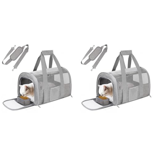 Qpets® Cat Carrier Breathable Mesh Pet Multifunctional Folding with Food Box Handle Shoulder Strap 43X30X28cm 2 PCS