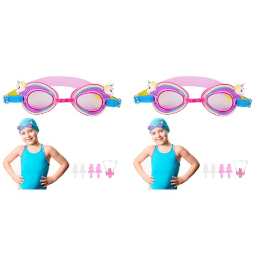 Proberos® Kids Swimming Goggles Anti-Fog UV Protection Adjustable Silicone Seal Leak-Free Fit Cartoon Rainbow Unicorn Design Ear Plugs Case 6-12 Years 2PCS