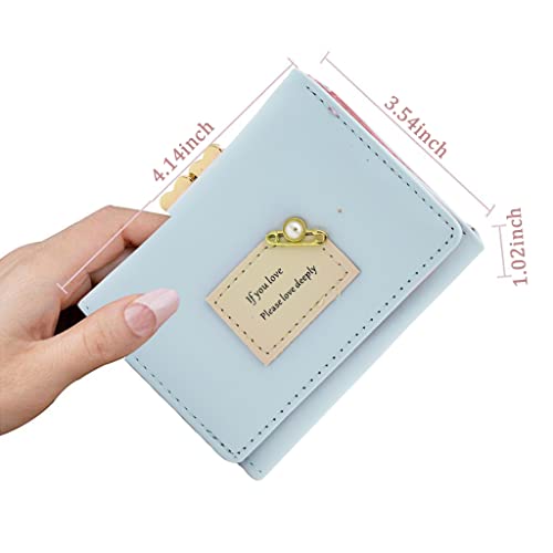 PALAY® Mini Wallet for Women PU Leather Small Card Holder Ladies Purse Hand Clutch Holder with Heart-Shaped Metal Buckle Mothers Day Gift for Mom(Blue) 2 PCS