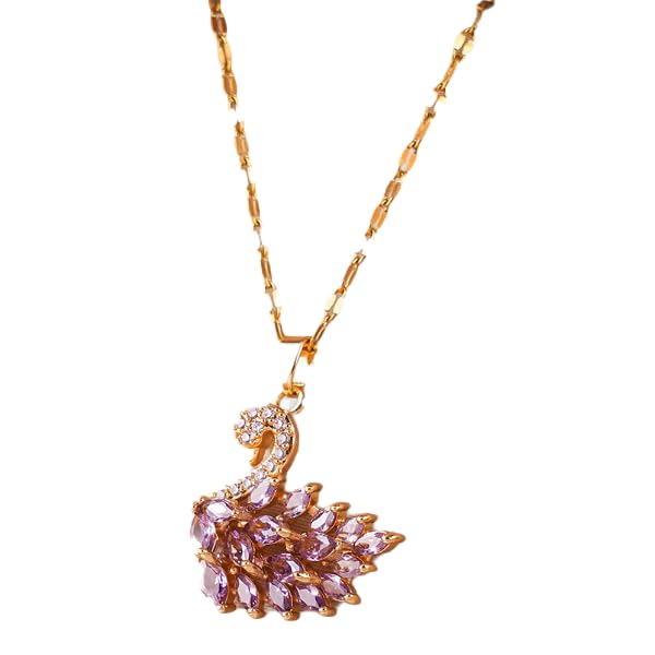 ZIBUYU® Sparkling Swan Necklace for Women Dainty Swan Purple Zircon Embellishment Pendent Golden Stainless Steel Chain Necklace, Women Jewelry Gift, Birthday Gift, 15.7+1.9 inch