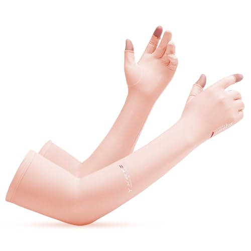 PALAY® Riding Arm Sleeve for Men Women Sun Protection Close-fit Stretchy Arm Sleeve Open Finger Tip Design Ice Silk Cool Feel Arm Sleeve for Running, Riding, Driving, Pink