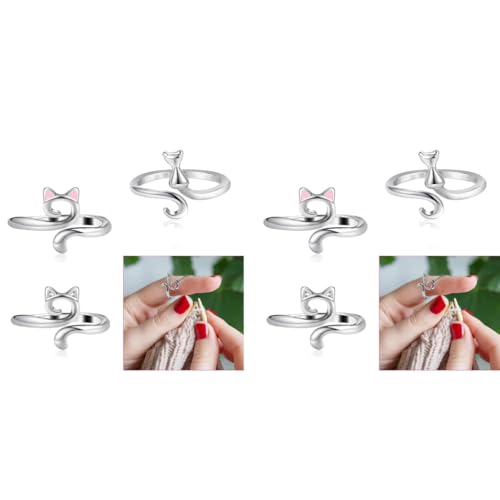 HASTHIP® 6PCS Crochet Rings for Tension Cute Cat Adjustable Ring for Finger Metal Open Yarn Guide Braided Faster Knitting Accessories Mother Grandma Gifts