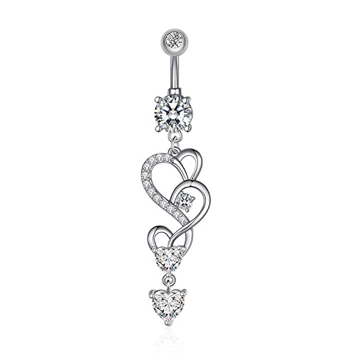 MAYCREATE Silver Heart Belly Button Rings-Stainless Steel Heart Shaped Diamond Design Belly Piercing Body Jewelry-14g