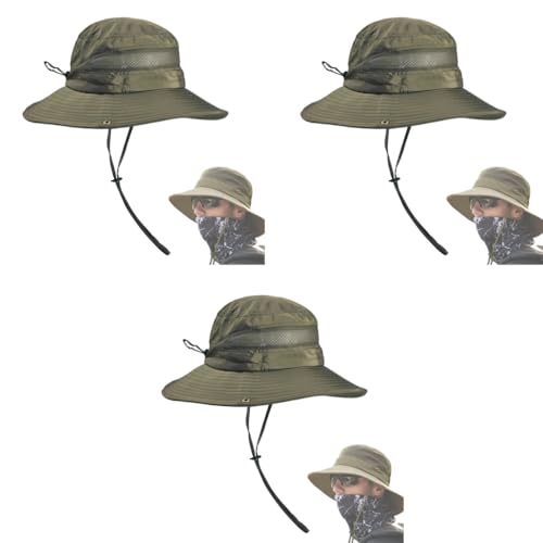 GUSTAVE® Synthetic Mens Sun Hat Wide Brim Summer Protection Cap for Men UV Round Hiking Fishing Gardening Travel Multi-Colour Army Green Free Size 3 PCS