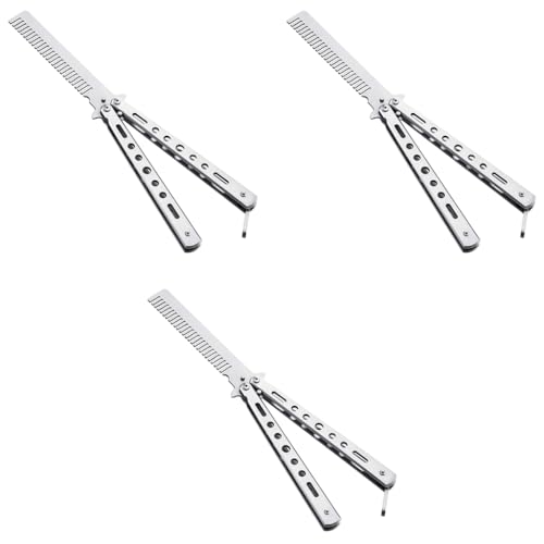 ZIBUYU® Butterfly Professional Training Comb Stainless Steel Folding Practice With Unsharpened Blade Stylish Saloon Tool for Beginners Silver 3PCS