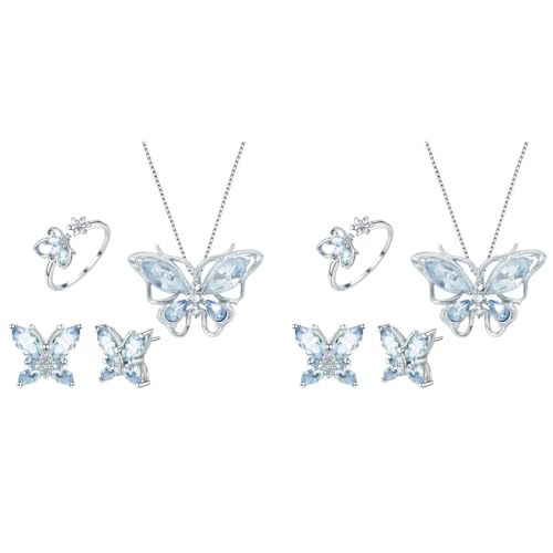 SANNIDHI® 4 Pcs Jewellery Set for Women Girls Crystal Butterfly Chain Pendant Necklace Adjustable Finger Rings Studs Earrings Stylish Necklace Set Valentine Birthday Gift for Women, Girls - Blue 8 PCS