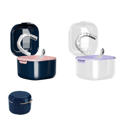 HASTHIP® 2Pcs Retainer Case, Denture Bath Case Cup Box Holder with Strainer Basket Storage Soak Container Teeth Aligner Denture Box for Travel Cleaning & Drying - White & Blue