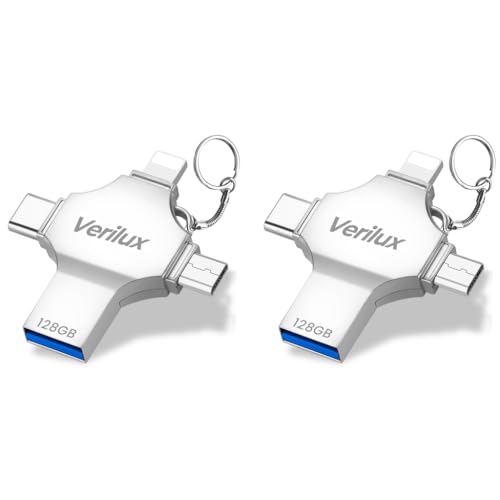 Verilux® Pendrive 128GB 4 in 1 Flash Drive with Lightning Micro USB A Type-C Interface Mini Hangable for iOS Android Compatible with iPhone iPad PC and More Devices 2 PCS