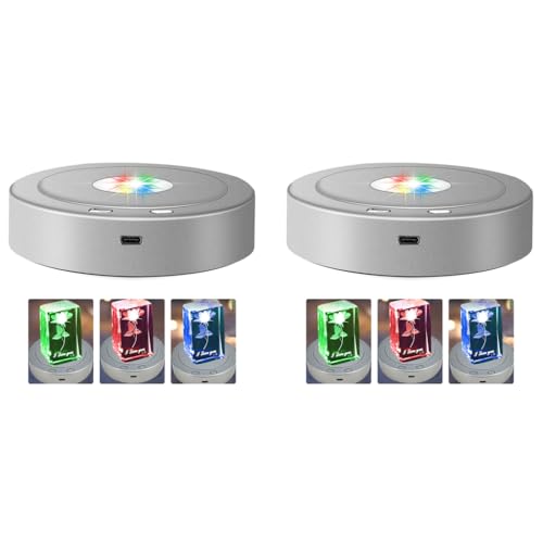 HASTHIP® 2PCS Rotating Display Stand with Colored Lights Lighted LED Base for Glass Art 4 Revolving 8 Light Modes USB Charging Battery Operated Without Battery