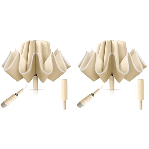 PALAY® 3 Fold Umbrella for Rain with Reflective Strip Compact Travel Auto One-Touch Open Close Reinforced 10 Dual Ribs Sun Protection 99 UV Windproof Men Women Khaki 2PCS