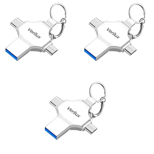 Verilux® Flash Drive 64GB 4 in 1 Pendrive with Light-ning Micro USB USB A Type-C Interface Mini Hangable Pen for iOS Android Compatible with Phone Pad PC and More Devices 3 PCS