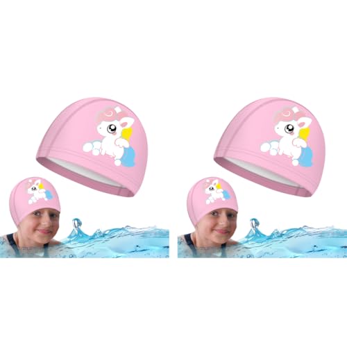 Proberos® Swimming Cap for Girls Waterproof Elastic PU Coated Ideal All Head Shape Silicone Easy Fit No Hair Pulling Chlorine Resistant Swim Kids Age 3-12 2PCS