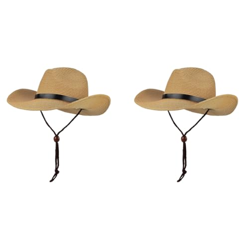 Proberos® Men's Straw Panama Hat Summer Fedora Trilby Wide Brim Adjustable Chin Strap UV Protection Breathable Lightweight Cowboy-Style Ribbon Accent Outdoor Sun Cap 2PCS
