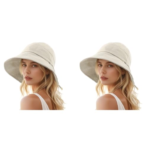 SANNIDHI® Womens Silicone Sun Hats Bucket Wide Brim Summer UV Protection Beach Fashion Outdoor Casual with Chin Strap Mothers Day Gift Beige Free Size 2PCS