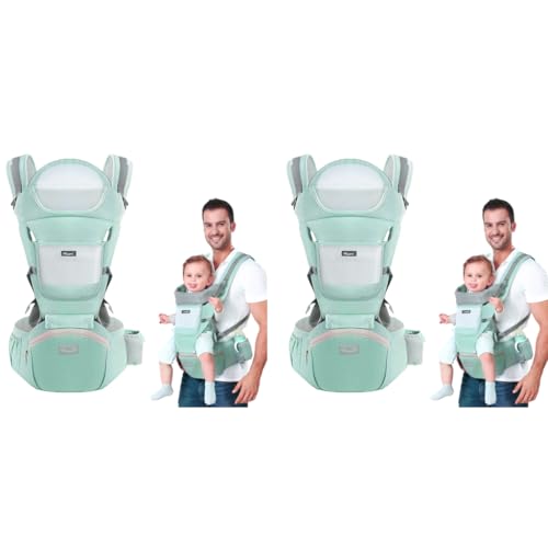 SNOWIE SOFT® 6 in 1 Green Baby Carrier with Lumbar Support Pockets and Bib 360 All-Position Wrap Front Back Backpack for Newborn Infant Toddler Under 30Kg 2 PCS