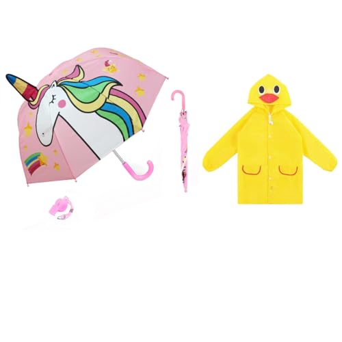 PALAY® Umbrella Raincoat for Kids Boys Girls Set with Hood, Pink Unicorn Umbrella Polyester Rain Ponchos with Pockets and Bag Coverage, Bright Color Raincoat for 3-7 Years Old Kids