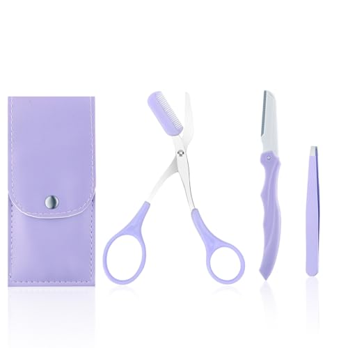 MAYCREATE 3Pcs Eye Brow Scissor Eyebrow Removal Tweezer Eyebrow Trimmer Razor Facial Hair Shaper Eyebrow Trimming Make Up Tool with PU Leather Case Shave and Hair Removal, Purple