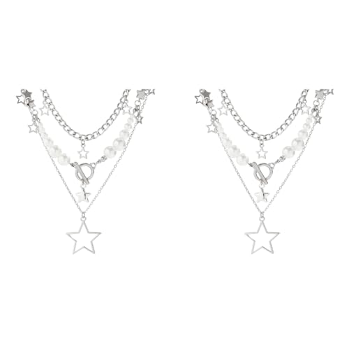 SANNIDHI Necklace for Women Cute Star Pendant Trio Layered Chain Pearl Choker Vintage Y2K Aesthetic Jewellery Birthday Gift Girls Sister 2 PCS