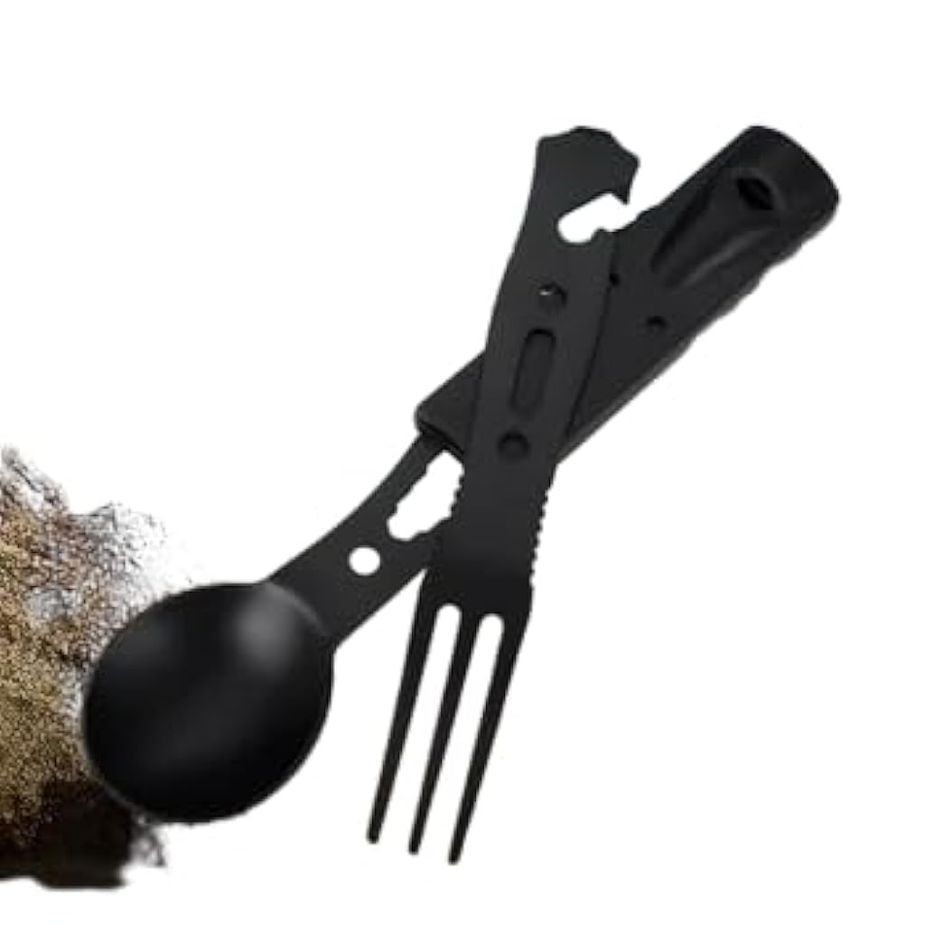 Proberos® Camping Fork Spoon, Multi-in-one Camping Fork Spoon with Serrated Cutter, Bottle Opener & Easy Wrench, Multi Tool with Sheath Handle, Intergrated Whistle on Sheath, Outdoor Camping Gadget