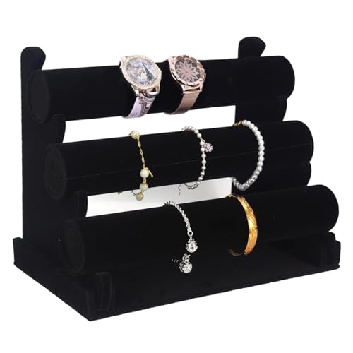 MAYCREATE® Bracelet Organizer 3-Tier Bracelets Holder Jewelry Display Stand for Watch, Bangle, Bracelet - Detachable Velvet Desk Showcase Storage Rack, Black