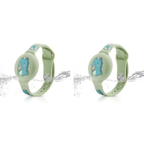 ZORBES® Kids Airtag Bracelet Cartoon Dino Silicone Wristband 9 Inches Adjustable Anti-Lost Waterproof Full Cover Protection for Air Tag Green 2PCS