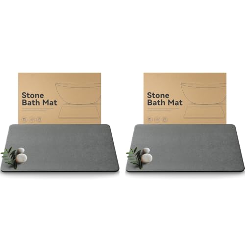 HASTHIP® Bath Mat Quick Dry Absorbent Floor Anti-Slip Diatomaceous Earth Shower Bathtub with Clear Double Sided Anti-Skid 15.75x11.8 inches Grey 2 PCS