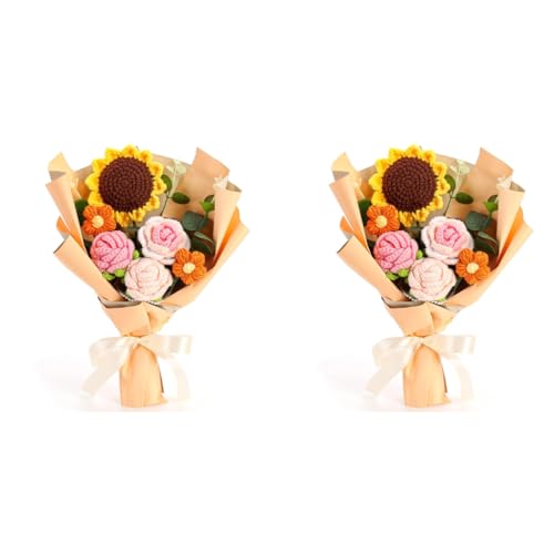 HASTHIP® Handmade Crochet Flowers Bouquet Sunflowers Roses Desk Decoration Gift Box Packed Versatile Easy Maintenance Ideal for Indian Women Mother's Day Birthdays 2 PCS