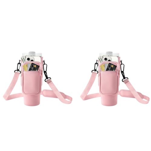 HASTHIP® Water Bottle Carrier Bag for Stanley 40 30 oz Tumbler with Phone Pocket Holder Pink 2PCS