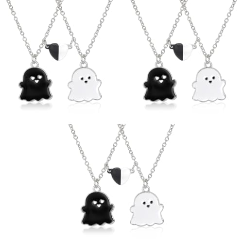 ZIBUYU® Friendship Necklace, Friendship Couple Necklaces Cartoon Ghost Necklace Black & White Magnetic Heart Charm Kawaii Little Ghost Charm Necklaces, Gifts for Best Friend Girl 3 PCS