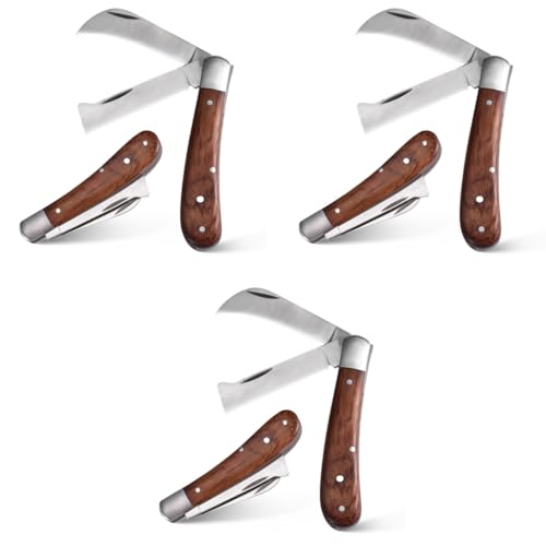 HASTHIP® Grafting Knife for Plants with Dual Blade, Stainless Steel Grafting Tool for Organic Fruits Tree, Foldable Bud Shoot Tool Pruning Cutter with Wooden Handle 3 PCS
