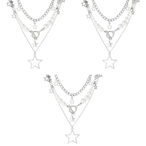 SANNIDHI® Necklace for Women Cute Star Pendant Trio Layered Chain Necklace Pearl Choker Necklace Vintage Y2K Necklace Aesthetic Jewellery Birthday Gift for Girls Sister X 3