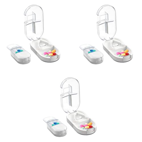 HANNEA® Pill Cutter Portable Splitter 2-in-1 Case with Stainless Steel Blade Cuts Pills Storage Box for Small or Large Vitamins Tablets Mini Organizer Compartment White 3PCS