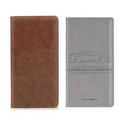 STHIRA® 2 Pack Car Document Holder Bifold Pu Leather Car Licence Holder with 6 Compartments Multi-Purpose Document Bag For Registration, Insurance, Card, License & Cash, 1 Brown, 1 Grey