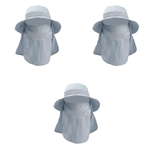 GUSTAVE® Synthetic Fashion Outdoor Sun Protection Fishing Cap Neck Face Flap Hat Wide Brim Unisex Removable Quick-Drying Sun Hat Grey Free Size 3PCS