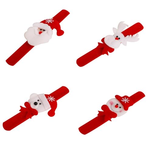 PATPAT® 4 Pieces Christmas Slap Bracelets Christmas Snap Bracelet Party Favors Xmas Slap Bands Include Santa Claus Snowman Reindeer Bear Xmas Decorations for Girls and Boys-Red