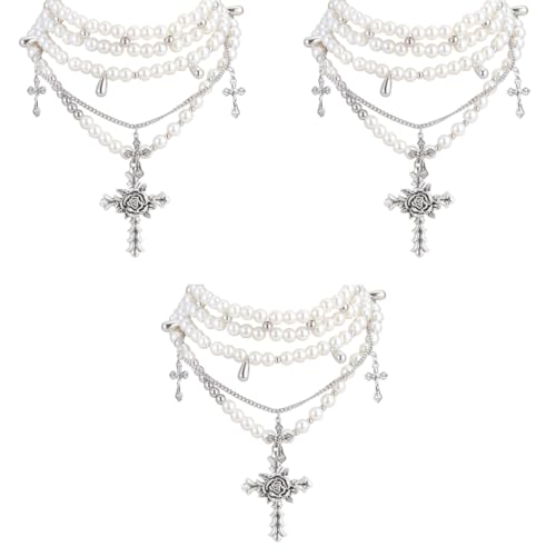 SANNIDHI® Pearl Necklace for Women Girls Gothic Rose Cross Pendant Chain Layered Stainless Steel Beads Choker Punk Aesthetic Jewellery Gifts 3PCS
