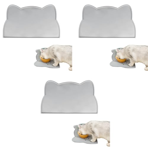 Qpets® Pet Feeding Mat Dog Cat Food Silicone Easy Cleaning Anti-Slip Floor Tray Grey 44x24cm 3 PCS