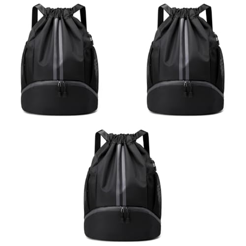 Optifit® Basketball Drawstring Bag With Shoe Compartment Large Capacity Fitness Backpack for Gym Football Outdoor Sports Water-resistant Fabric Black 3 PCS
