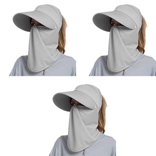 PALAY® Sun Hat for Women with Detachable Face Cover Wide Brim UV Protection Breathable Outdoor Summer Visor Cap Bike Fishing Cycling 3PCS Grey