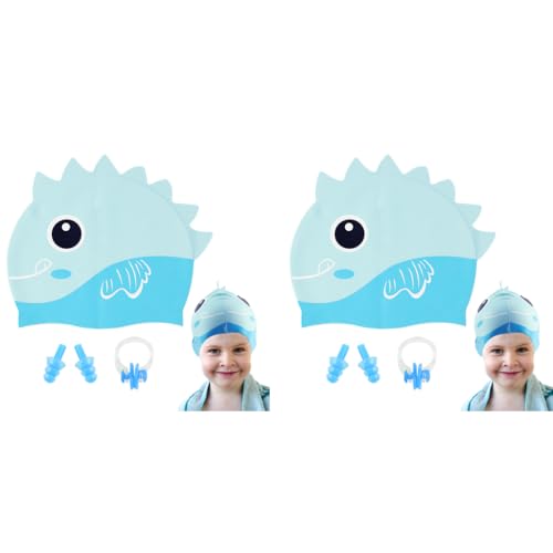Proberos® Kids Swimming Cap Silicone with Nose Clip Earplugs Blue Cartoon Dinosaur Stretchy Hat Comfortable Swim for Boys Girls Age 3-12 2 PCS
