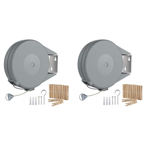 HASTHIP® Retractable Clothesline 30lbs Portable Heavy Duty Indoor and Outdoor Washing Line 39 Feet PVC with Wooden Clamp Wire (Grey) 2 PCS